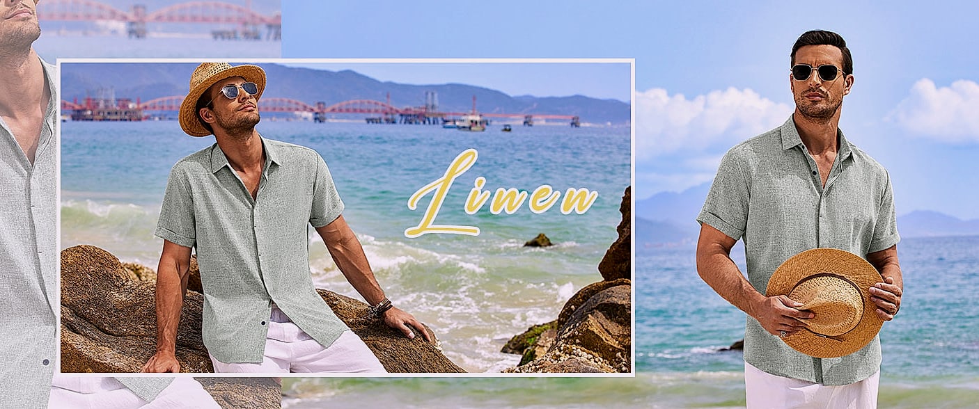 COOFANDY Men's Linen Short Sleeve Casual Button Down Shirt — close-up details