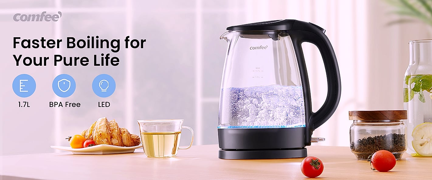 COMFEE' 1.7L Stainless Steel Electric Kettle, 1500W Fast — feature highlights