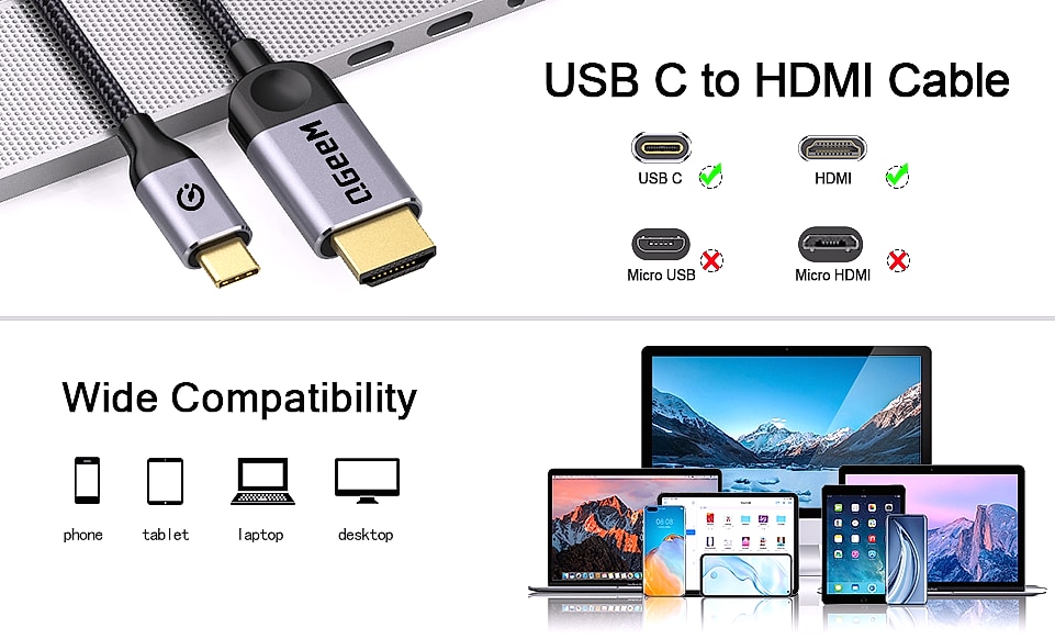 QGeeM USB-C to HDMI Cable 6ft, 4K@60Hz for MacBook, iPad, — assembled view