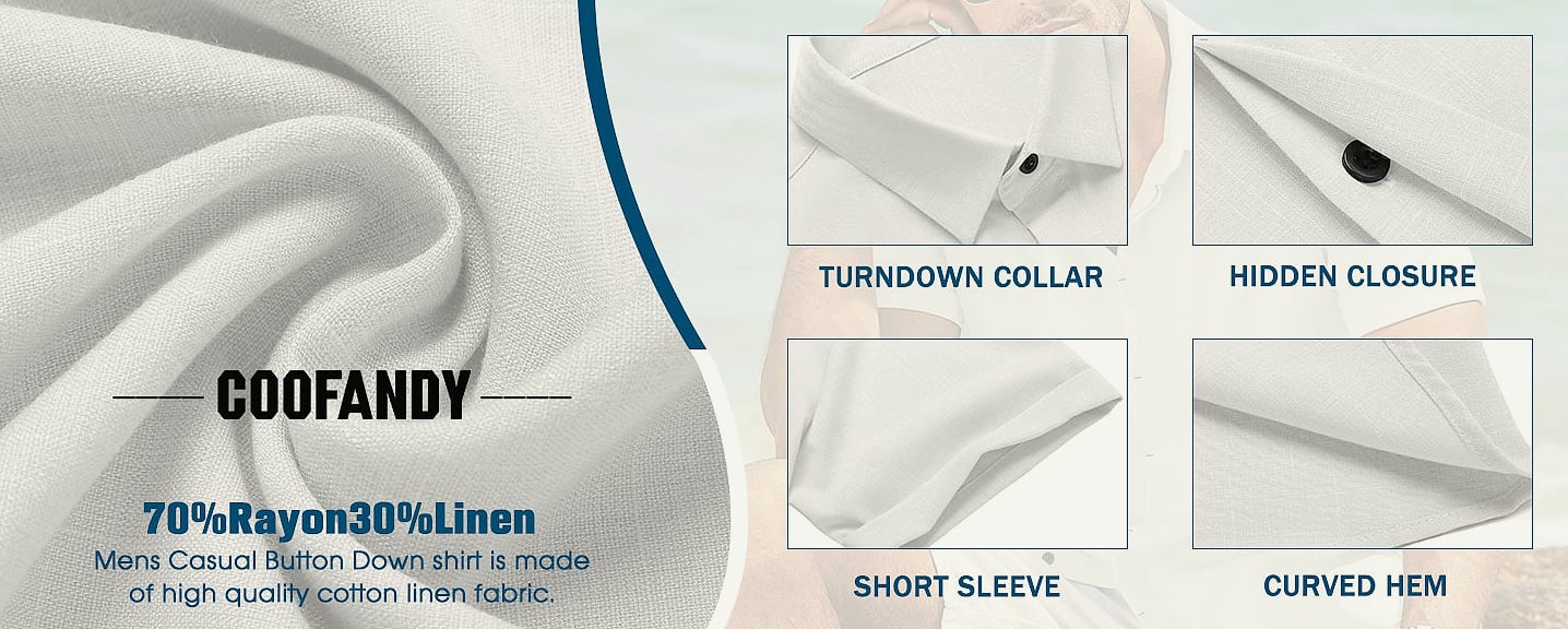 COOFANDY Men's Linen Short Sleeve Casual Button Down Shirt — parts overview