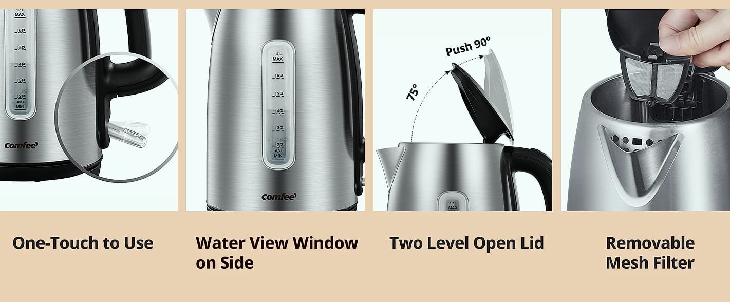 COMFEE' 1.7L Stainless Steel Electric Kettle, 1500W Fast — feature highlights