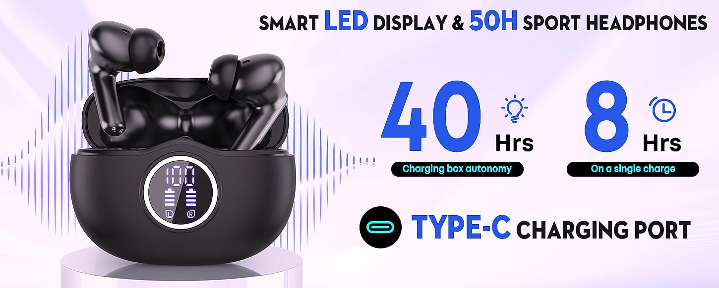 Fhumsh A10 Bluetooth 5.3 Earbuds with 50H Battery and LED — package contents