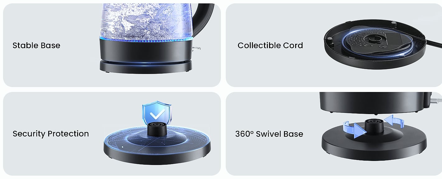 COMFEE' 1.7L Stainless Steel Electric Kettle, 1500W Fast — parts overview