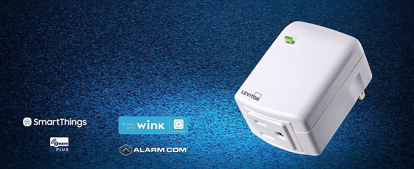 Leviton DZPA1-2BW Z-Wave Smart Plug Outlet with Range — assembled view