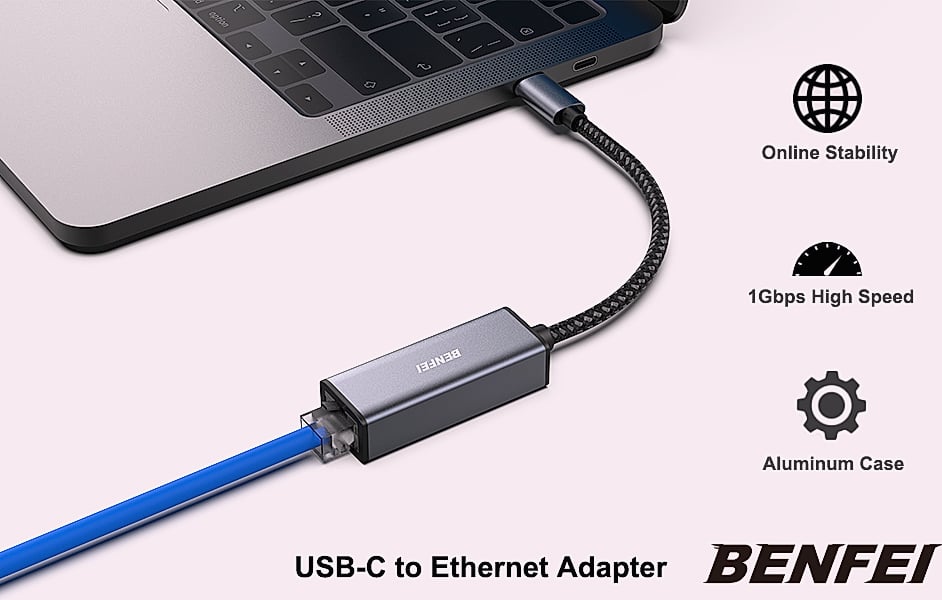 BENFEI USB-C to Ethernet Adapter, Gigabit RJ45 — package contents