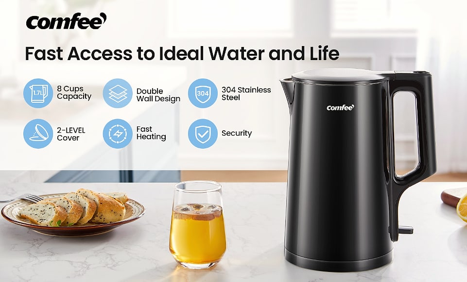 COMFEE' 1.7L Stainless Steel Electric Kettle, 1500W Fast — interior detail