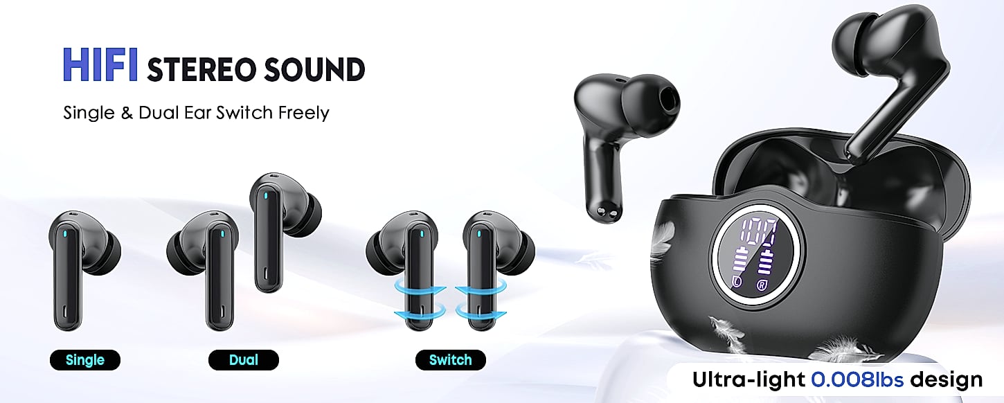 Fhumsh A10 Bluetooth 5.3 Earbuds with 50H Battery and LED — assembled view