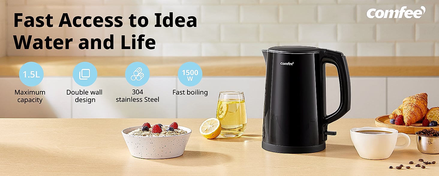COMFEE' 1.7L Stainless Steel Electric Kettle, 1500W Fast — parts overview