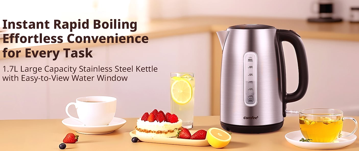 COMFEE' 1.7L Stainless Steel Electric Kettle, 1500W Fast — package contents