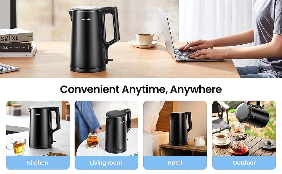 COMFEE' 1.7L Stainless Steel Electric Kettle, 1500W Fast — assembled view