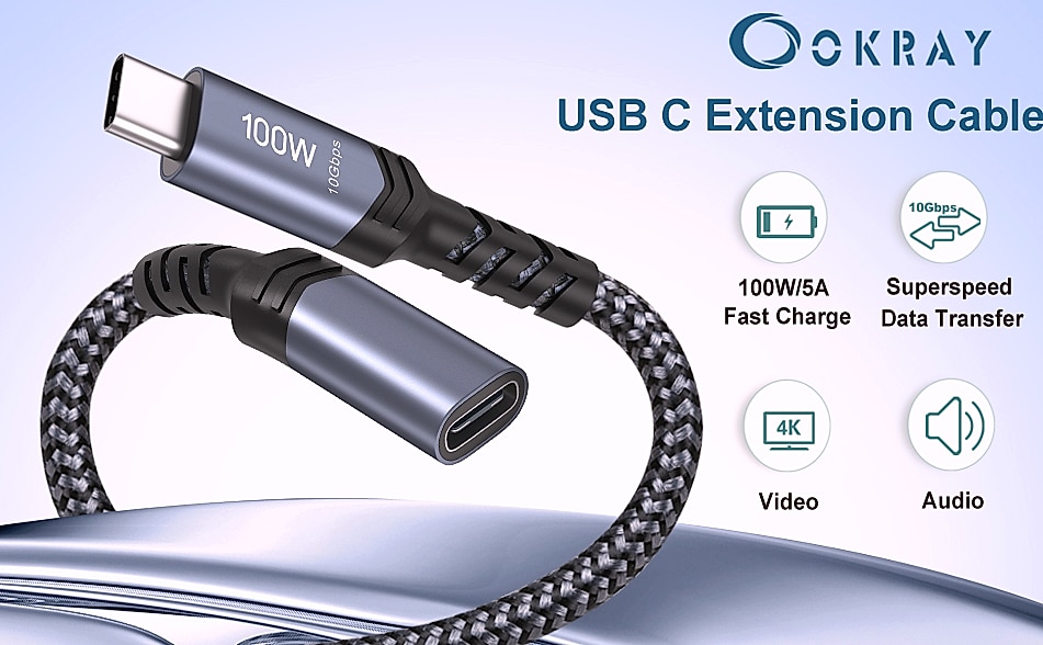 OKRAY USB-C Extension Cable 3.3ft, 100W Fast Charging — package contents