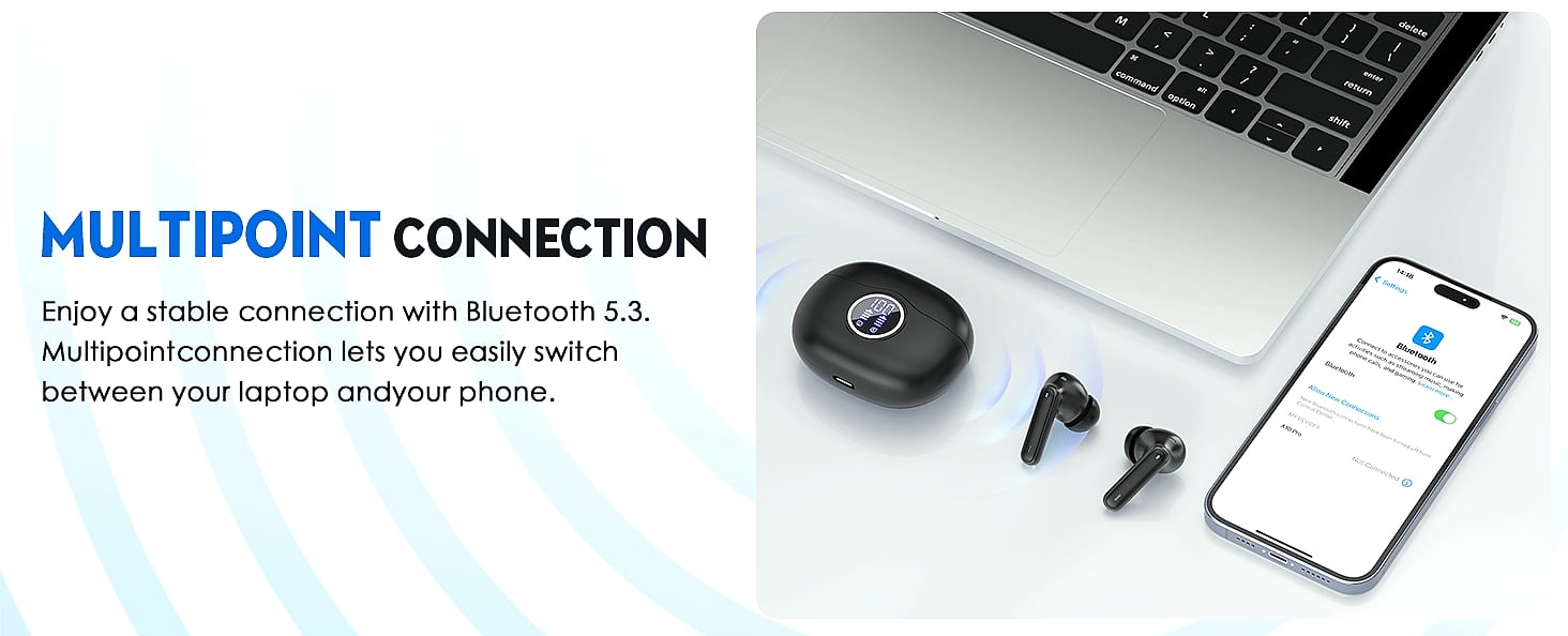 Fhumsh A10 Bluetooth 5.3 Earbuds with 50H Battery and LED — side view