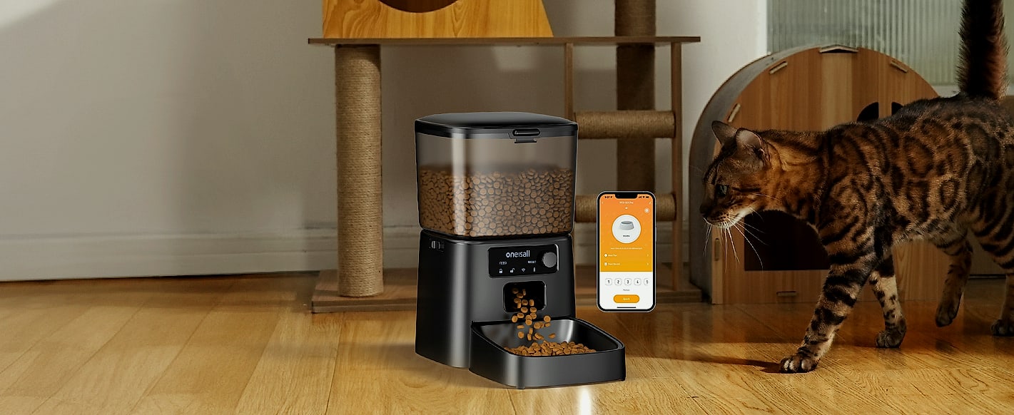 oneisall Automatic Cat Feeder for 2 Cats, 5L Timed Dispenser — close-up details