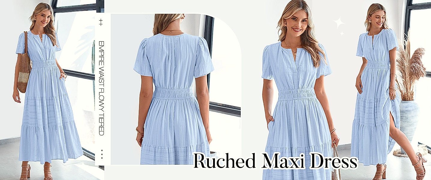BTFBM Women's Casual Midi Maxi Dress Short Sleeve V Neck — assembled view