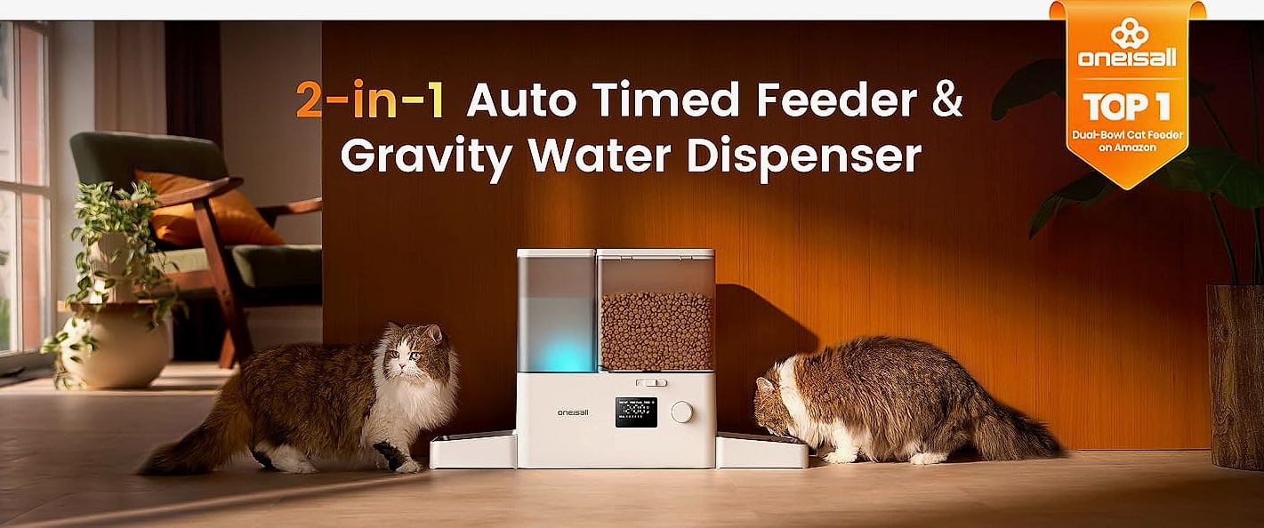 oneisall Automatic Cat Feeder for 2 Cats, 5L Timed Dispenser — size comparison