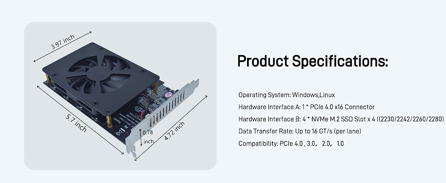 LetLinkSo M.2 PCIe x16 Gen4 Adapter for 4 NVMe SSDs — side view