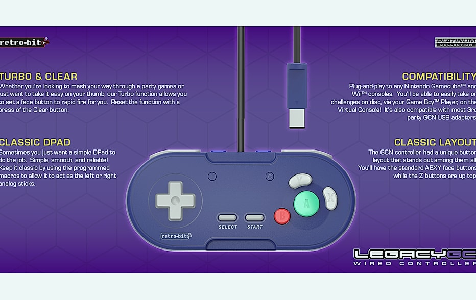 Retro-Bit Legacy GC Wired Controller GameCube Wii Black — assembled view