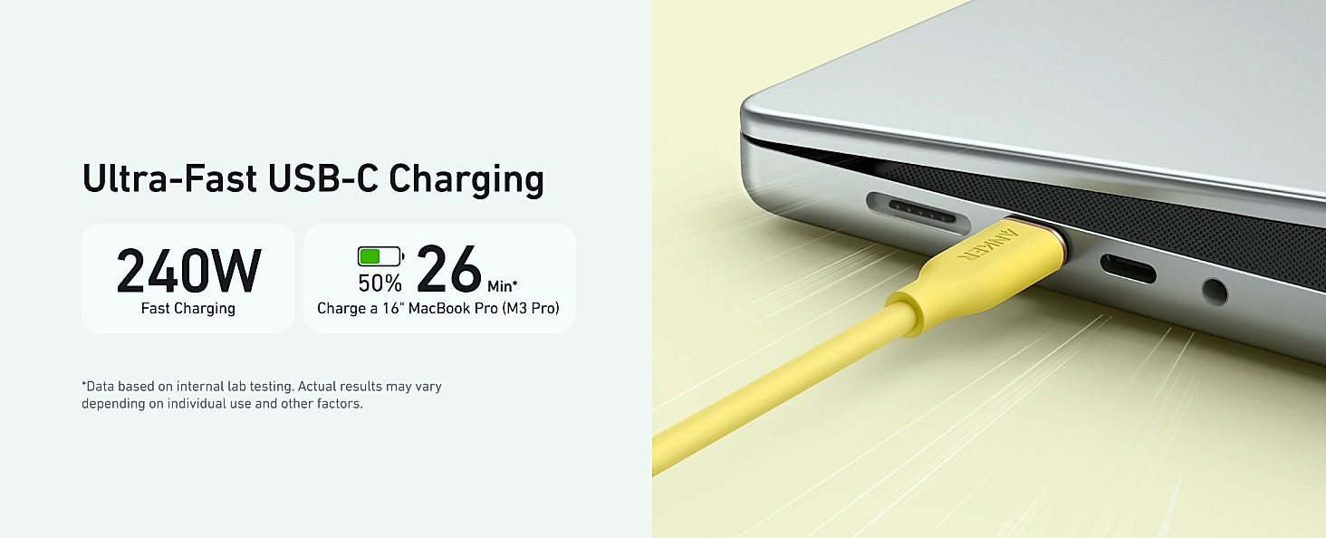 Anker PowerLine III Flow USB-C Cable 6ft 240W Fast Charging — feature highlights
