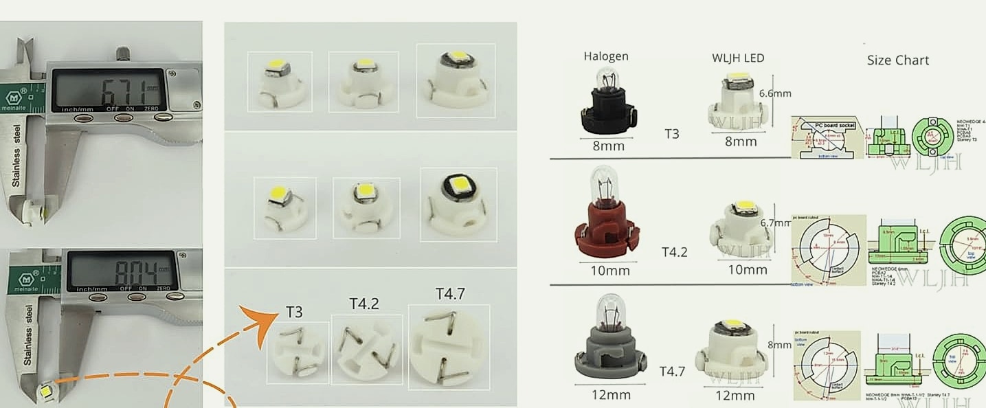 WLJH 10x Yellow T4.7/T5 Neo Wedge 3030 SMD LED Dashboard — interior detail