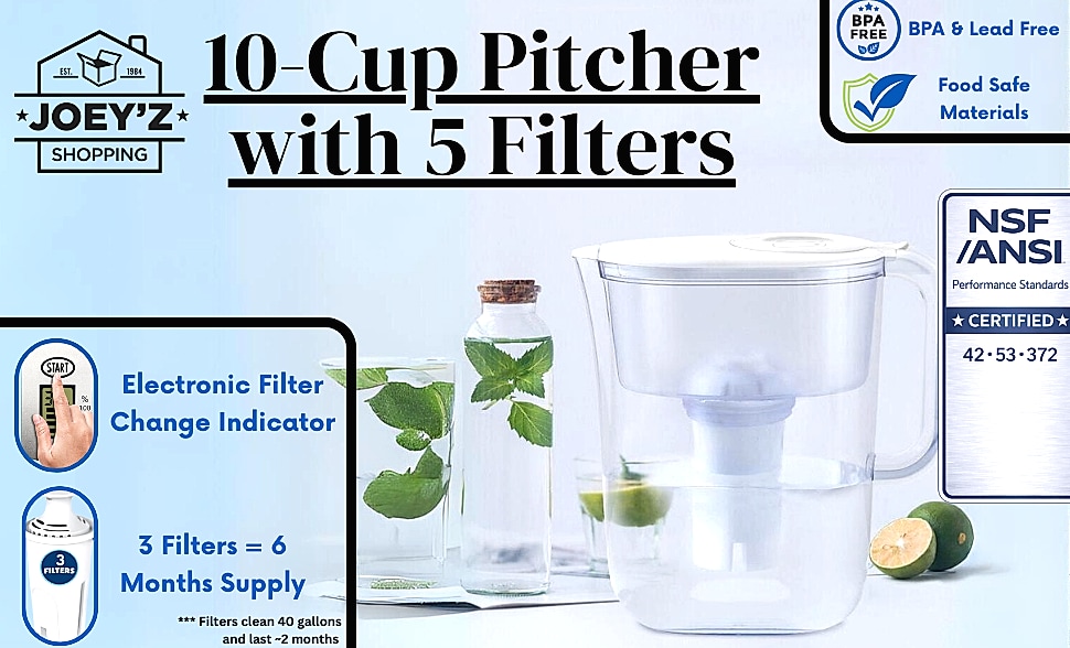 JOEY'Z 10-Cup Water Filter Pitcher with 5 Replacements and — package contents