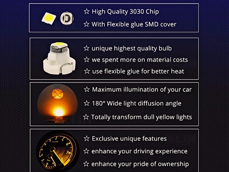 WLJH 10x Yellow T4.7/T5 Neo Wedge 3030 SMD LED Dashboard — scale reference
