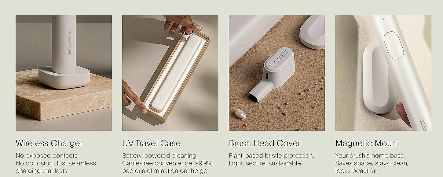 SURI Sonic Toothbrush Replacement Heads with Tongue Scraper — package contents