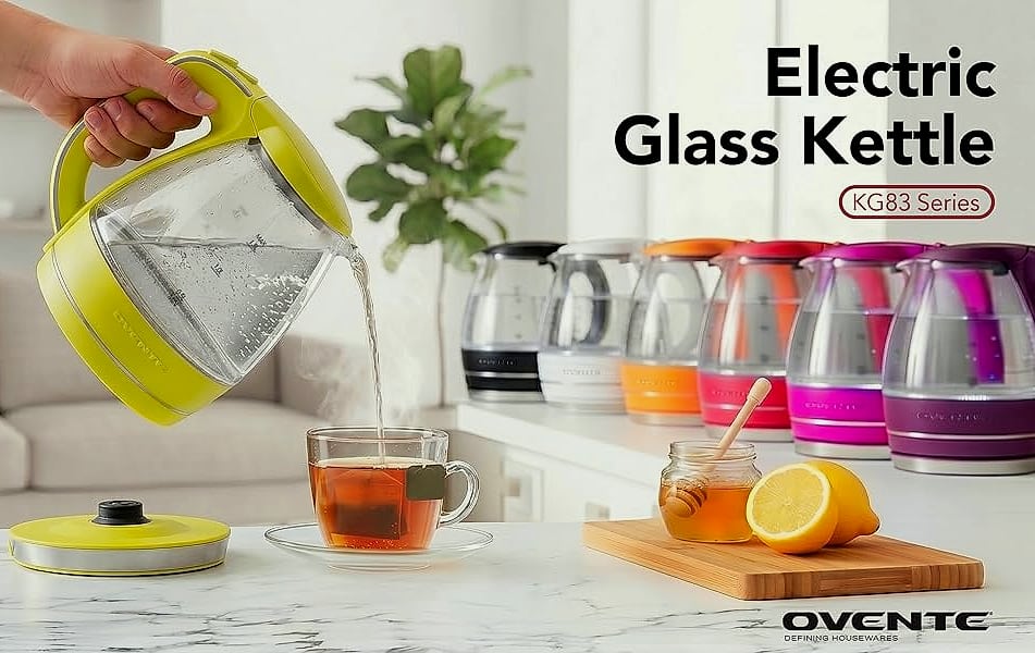 OVENTE KG83B Electric Kettle, 1.5L Borosilicate Glass Water — scale reference