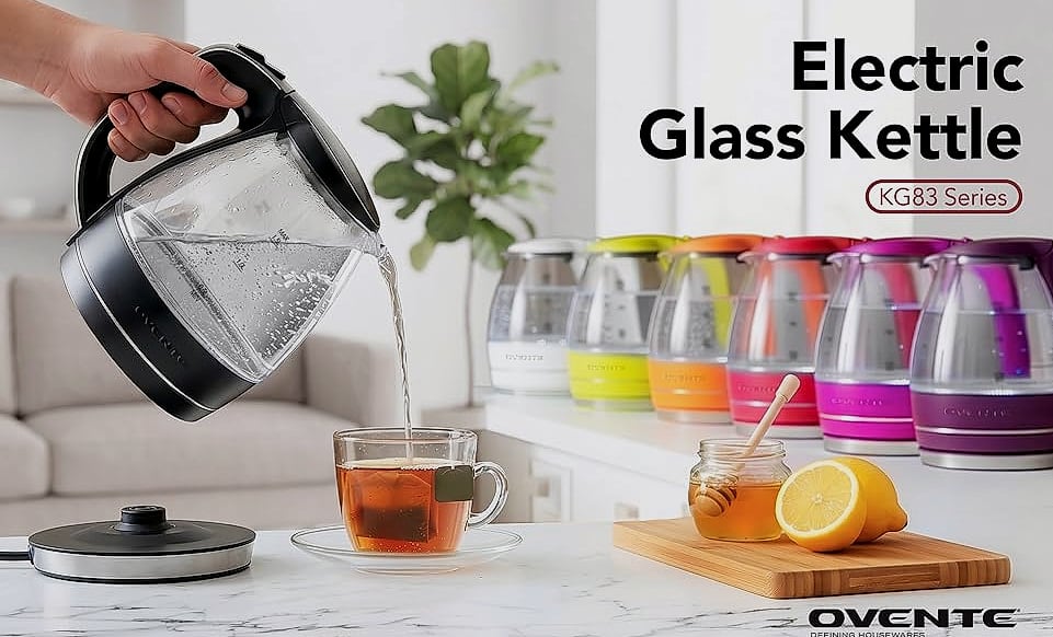 OVENTE KG83B Electric Kettle, 1.5L Borosilicate Glass Water — package contents