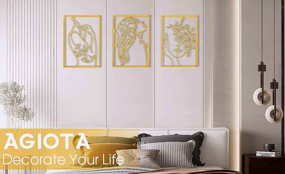 AGIOTA 3 Pcs Gold Wall Art Female Body Line Drawing Metal — close-up details