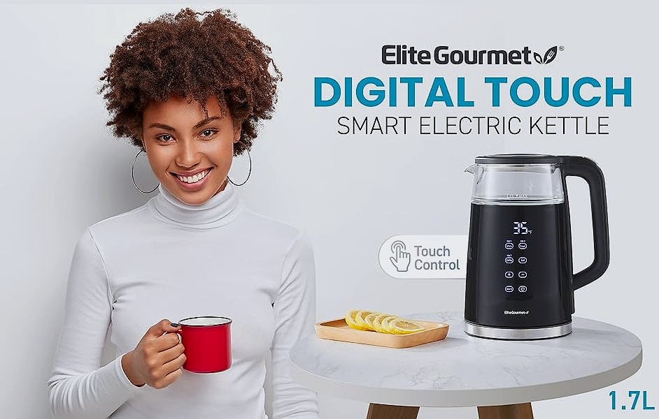 Elite Gourmet 1.7L Electric Tea Kettle with Digital — package contents