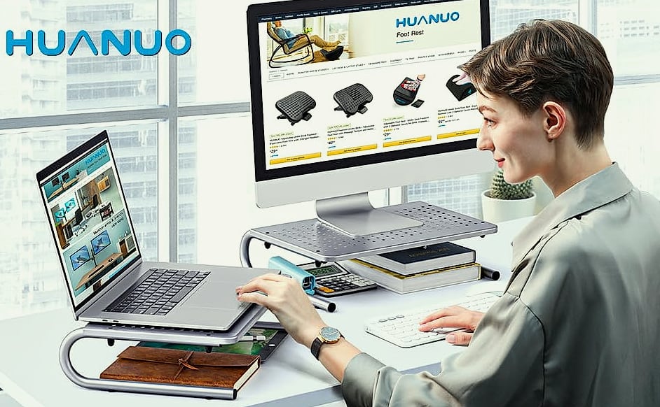 HUANUO Monitor Riser Desk Organizer with Vented Laptop Shelf — package contents