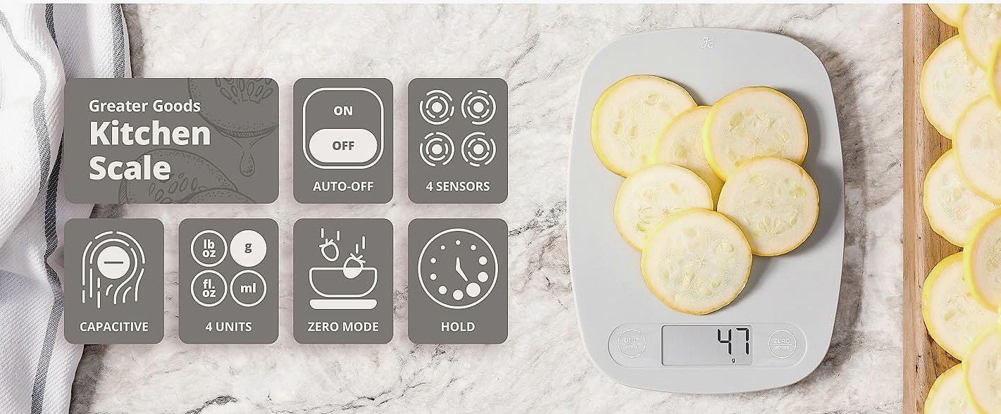 Greater Goods Digital Food Scale, 1g Precision Kitchen Scale — assembled view
