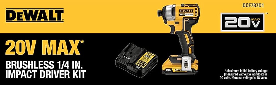 DeWalt DCF787D1 20V MAX 1/4 Impact Driver Kit — package contents