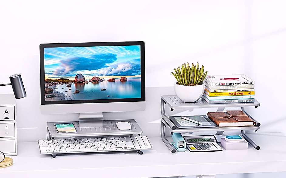 HUANUO Monitor Riser Desk Organizer with Vented Laptop Shelf — close-up details
