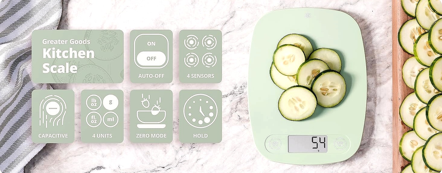 Greater Goods Digital Food Scale, 1g Precision Kitchen Scale — parts overview