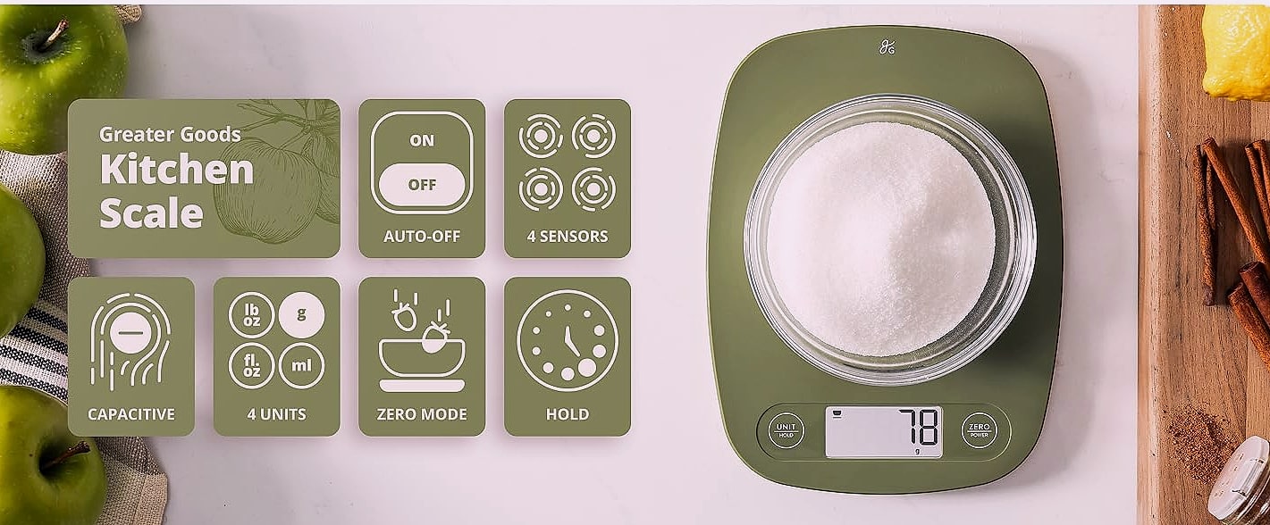 Greater Goods Digital Food Scale, 1g Precision Kitchen Scale — close-up details