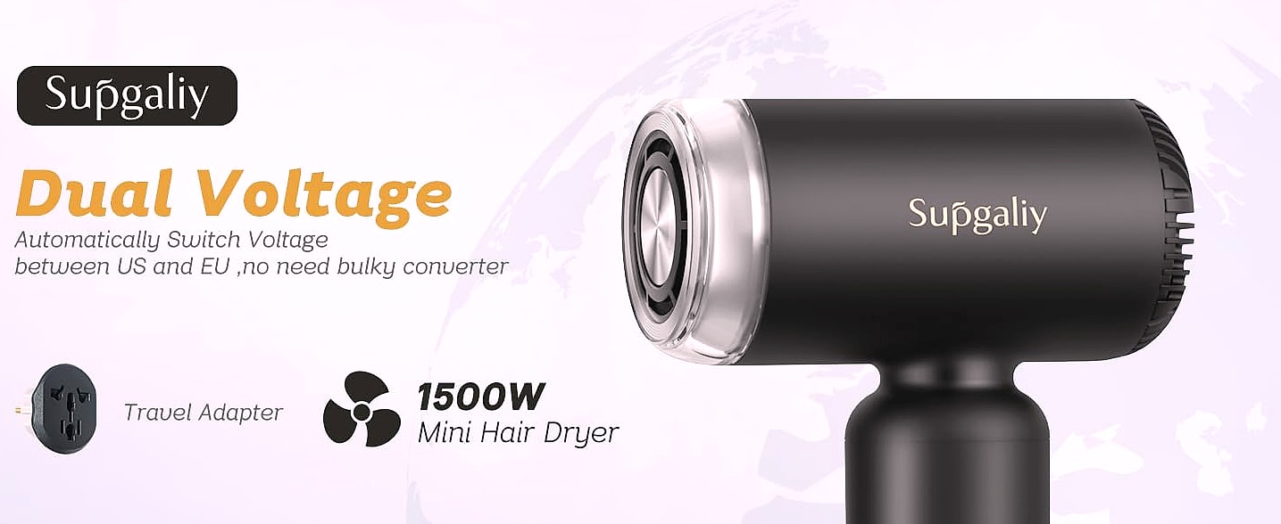 SUPGALIY Dual Voltage Travel Hair Dryer, Ionic Mini Blow — package contents