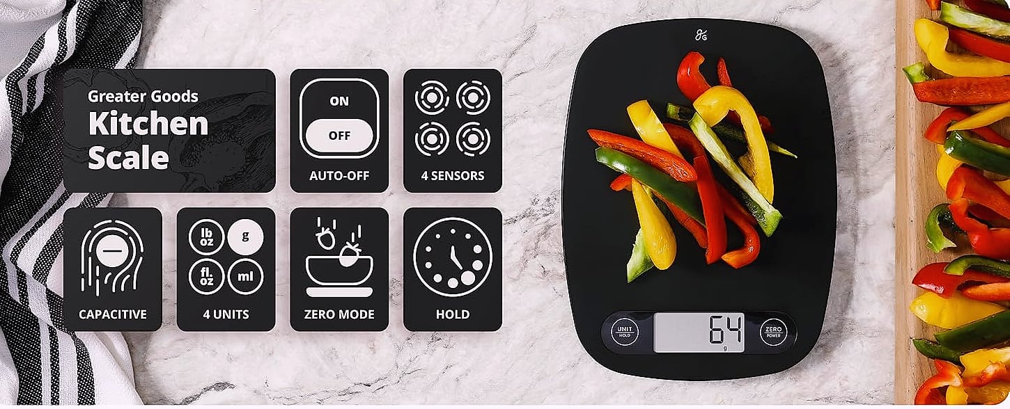 Greater Goods Digital Food Scale, 1g Precision Kitchen Scale — scale reference