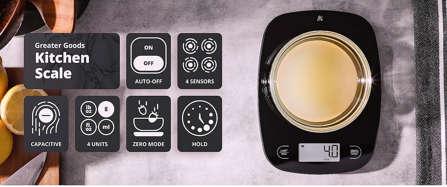 Greater Goods Digital Food Scale, 1g Precision Kitchen Scale — parts overview