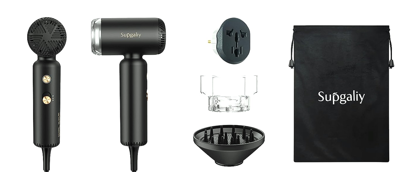 SUPGALIY Dual Voltage Travel Hair Dryer, Ionic Mini Blow — package contents