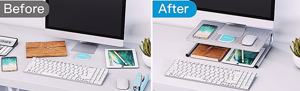 HUANUO Monitor Riser Desk Organizer with Vented Laptop Shelf — assembled view