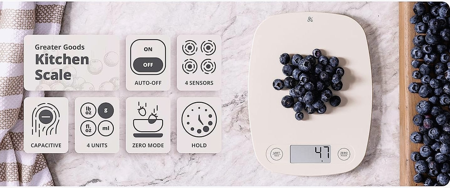 Greater Goods Digital Food Scale, 1g Precision Kitchen Scale — close-up details