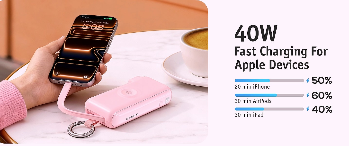 RORRY Flow 10000mAh 40W Portable Charger with Built-in — scale reference