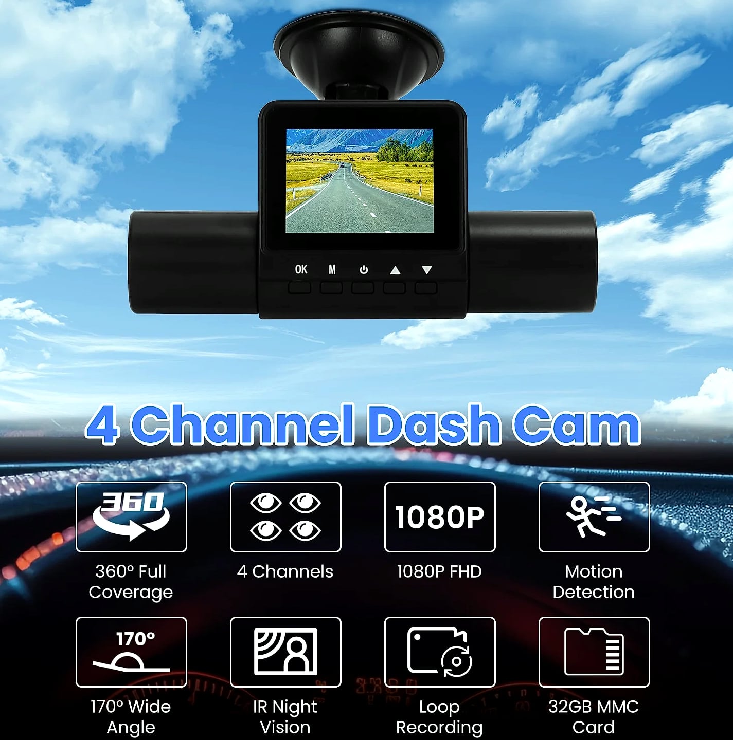 4 Channel 360° Dash Cam System 1080P Front 480P Interior — package contents