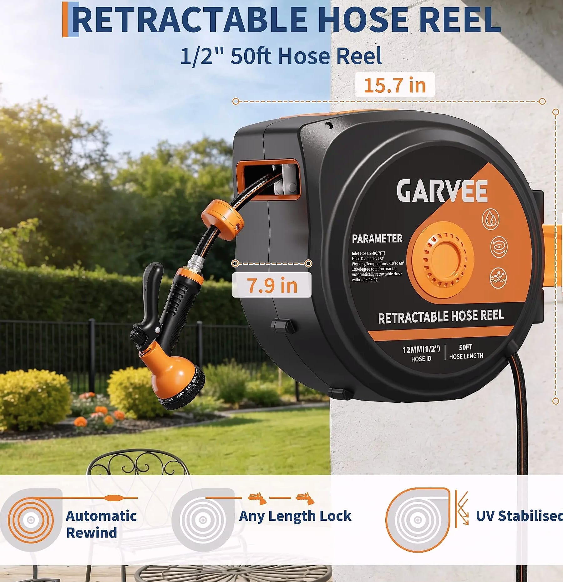 HiMISS Retractable Garden Hose Reel 50FT 100FT 130FT Wall — assembled view