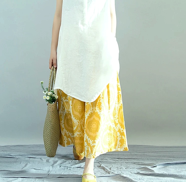 Yellow Linen Blend Wide-leg Casual Pants with Elastic Waist — close-up details