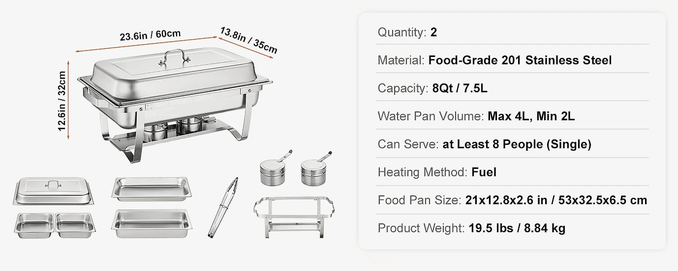 SucceBuy 8QT Rectangle Chafing Dish Buffet Warmer Set — close-up details