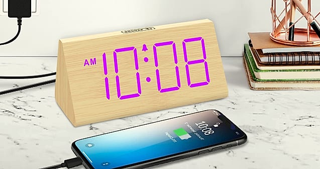DreamSky Wooden Digital Alarm Clock with USB Charger Port — size comparison
