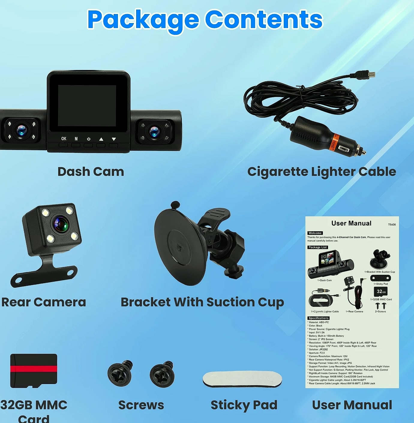 4 Channel 360° Dash Cam System 1080P Front 480P Interior — parts overview