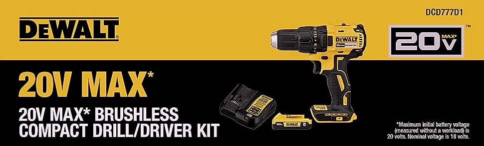 DeWalt DCD777D1 20V Brushless Drill Driver with Battery — package contents